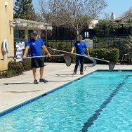 Two men cleaning pool